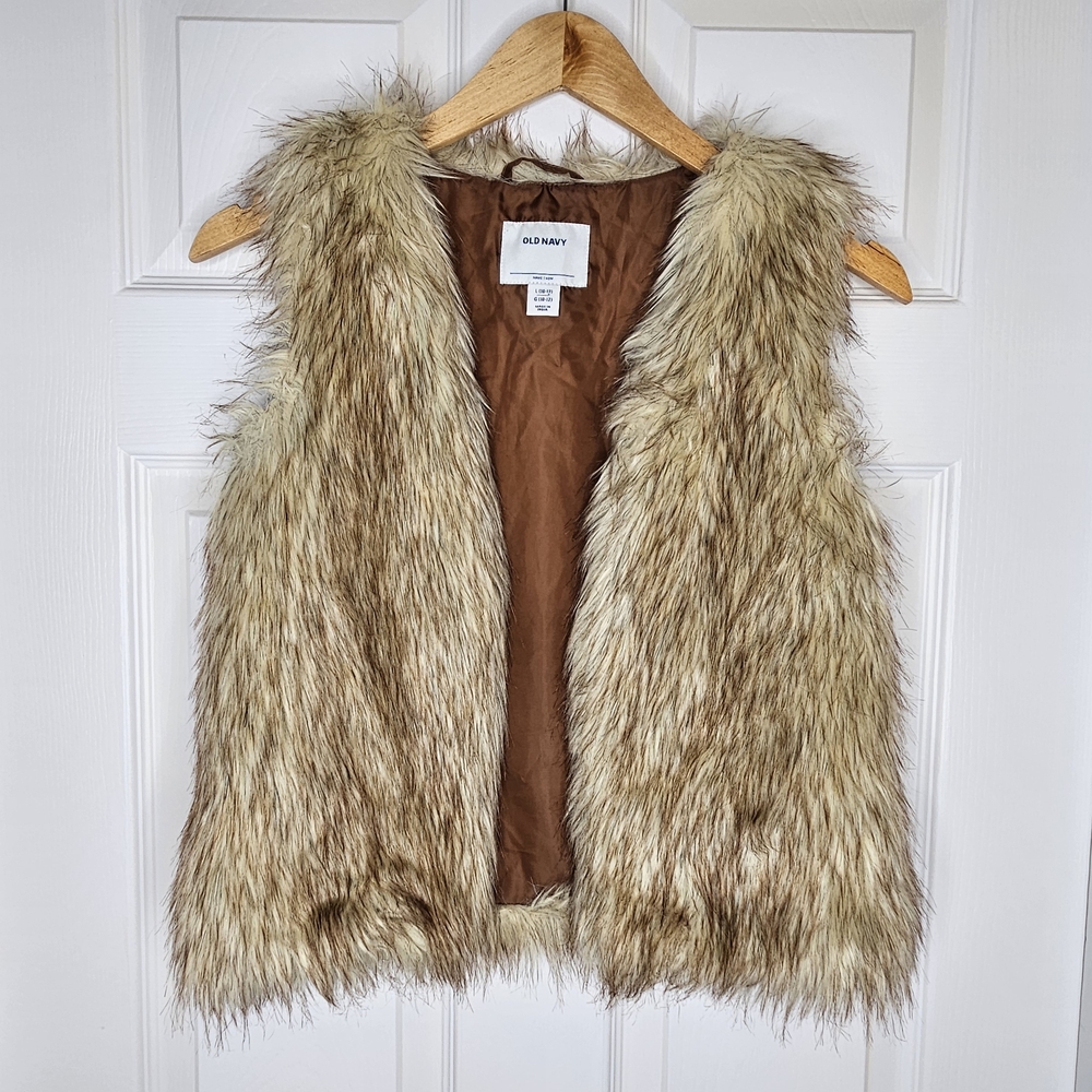 Old Navy Girls Shaggy Faux Fur Vest Open Front Beige Brown Boho Size L 10-12